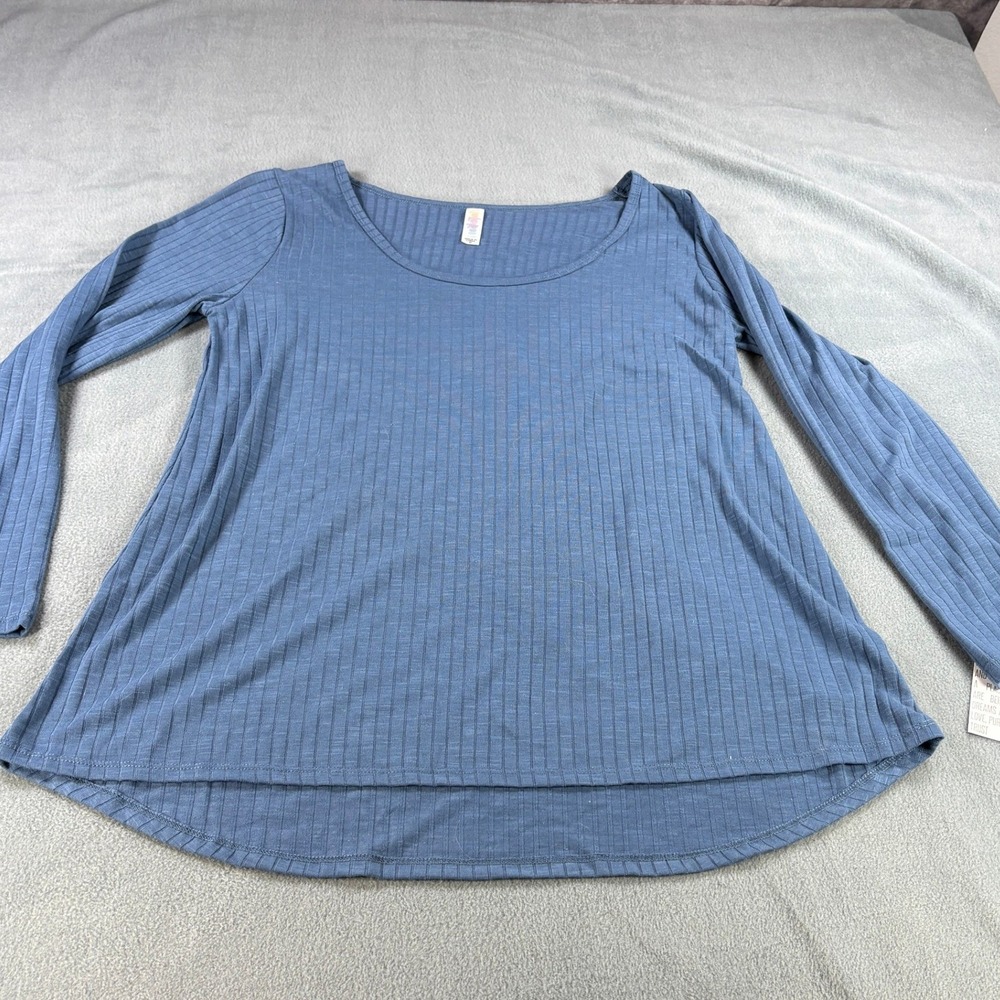 LuLaRoe Blue Ribbed Knit Long Sleeve Scoop Neck High Low Hem Top Mens Medium